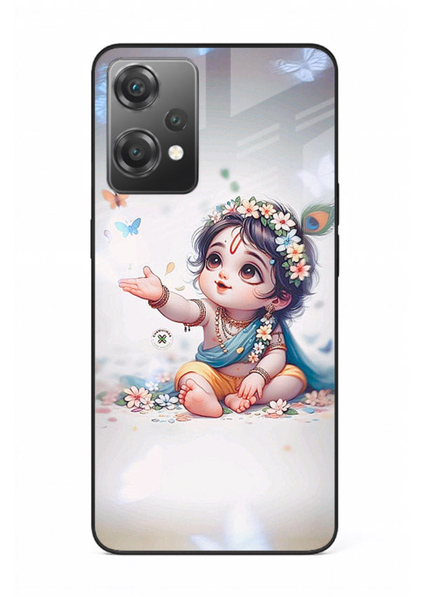 Playful Baby Krishna with butterflies OnePlus Nord CE2 Lite 5G glass cover cute divine theme
