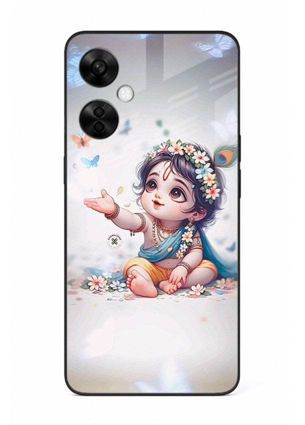 Playful Baby Krishna with butterflies OnePlus Nord CE3 Lite glass cover cute divine theme
