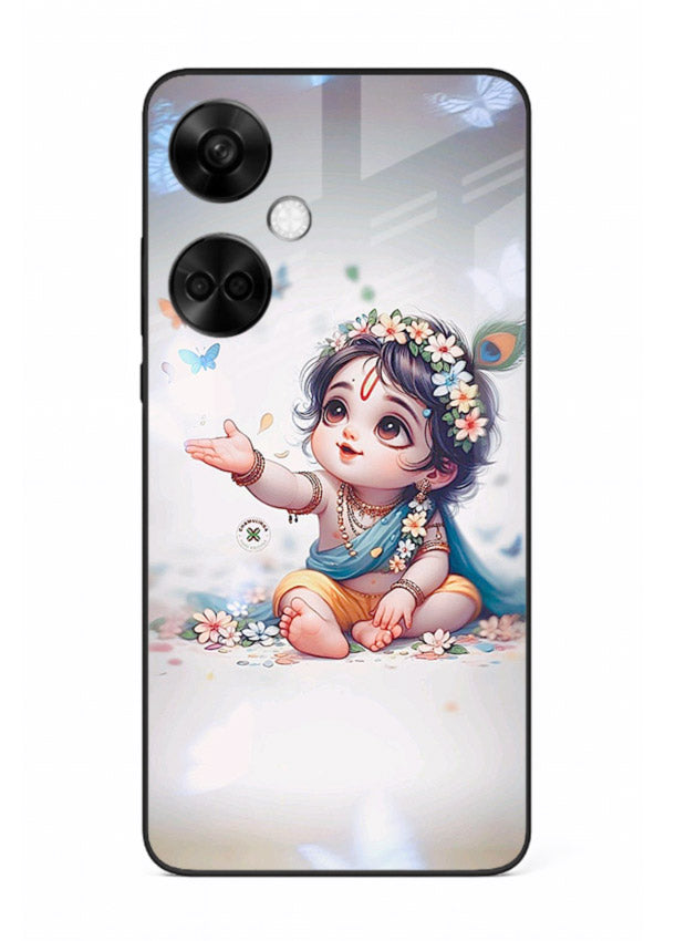 Playful Baby Krishna with butterflies OnePlus Nord CE3 glass cover cute divine theme