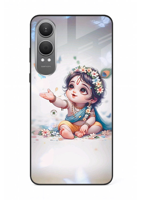 Playful Baby Krishna with butterflies OnePlus Nord CE4 Lite glass cover cute divine theme