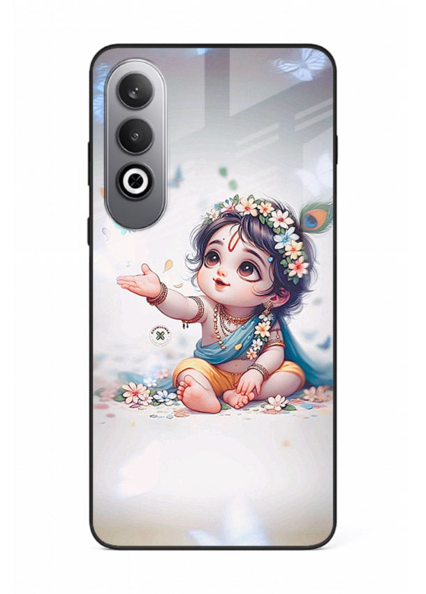 Playful Baby Krishna with butterflies OnePlus Nord CE4 glass cover cute divine theme