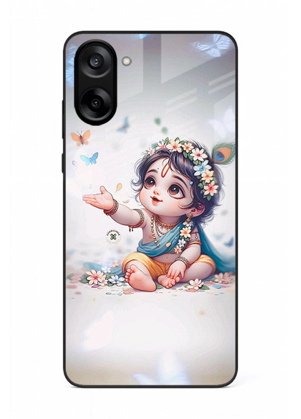 Playful Baby Krishna with butterflies OnePlus Nord CE5 glass cover cute divine theme