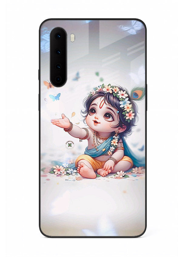 Playful Baby Krishna with butterflies OnePlus Nord glass cover cute divine theme