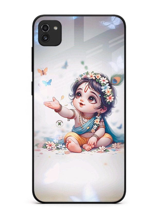 Playful Baby Krishna with butterflies Samsung A03 glass cover cute divine theme