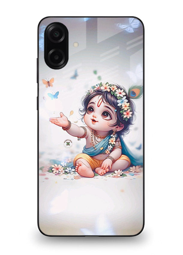 Playful Baby Krishna with butterflies Samsung M13 5G glass cover cute divine theme