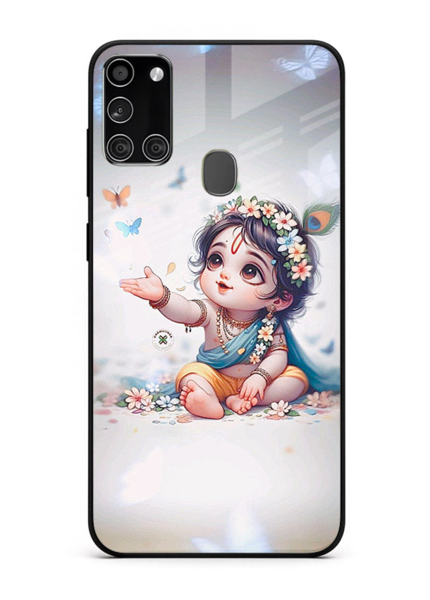 Playful Baby Krishna with butterflies Samsung A21s glass cover cute divine theme