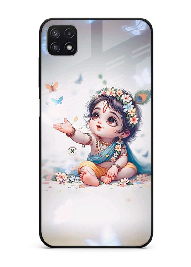 Playful Baby Krishna with butterflies Samsung F42 5G glass cover cute divine theme