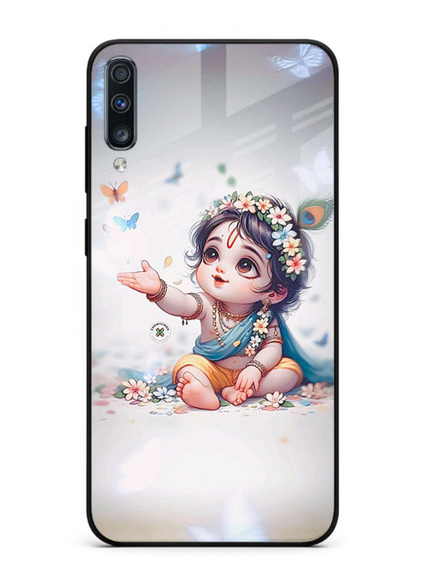 Playful Baby Krishna with butterflies Samsung A70 glass cover cute divine theme