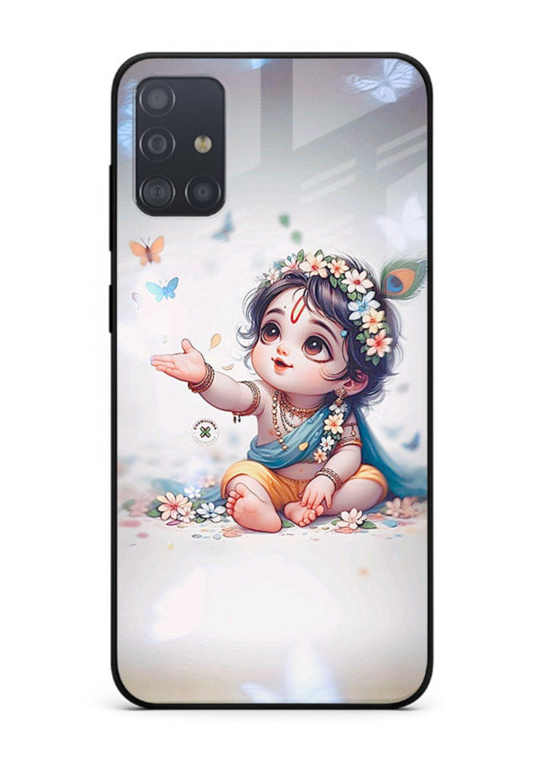 Playful Baby Krishna with butterflies Samsung A71 glass cover cute divine theme