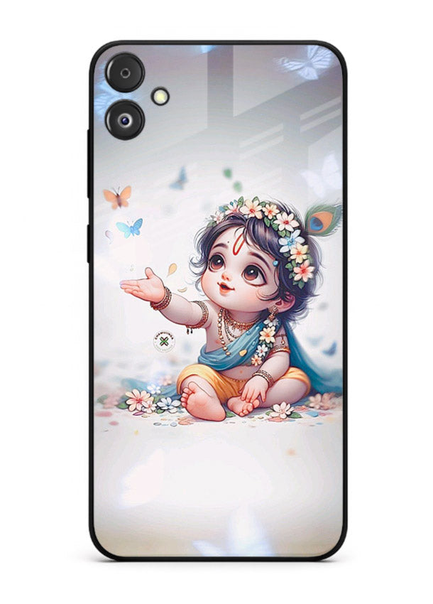 Playful Baby Krishna with butterflies Samsung F14 5G glass cover cute divine theme