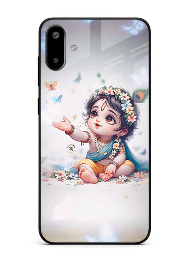 Playful Baby Krishna with butterflies Samsung F06 5G glass cover cute divine theme