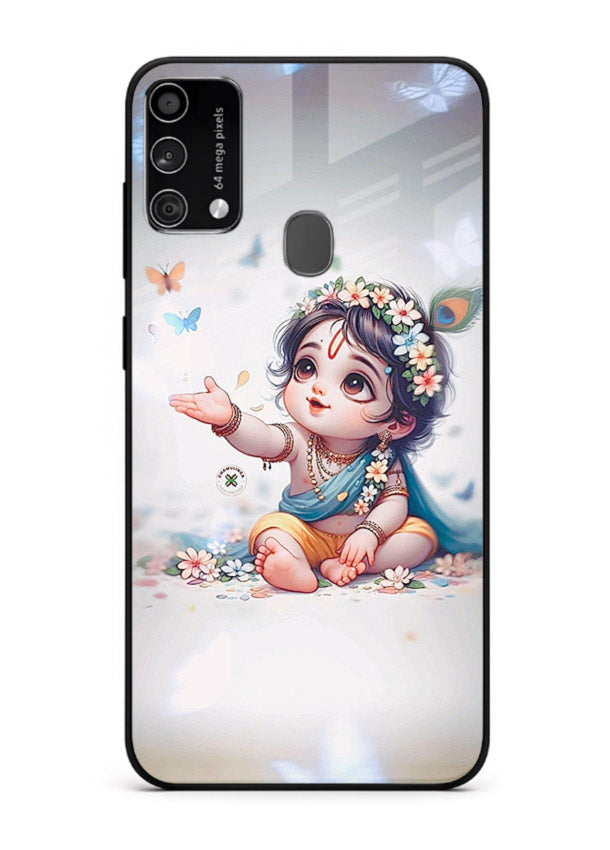 Playful Baby Krishna with butterflies Samsung F41 glass cover cute divine theme