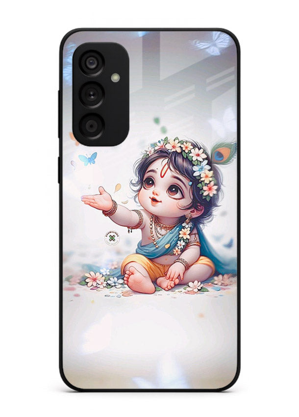 Playful Baby Krishna with butterflies Samsung F54 5G glass cover cute divine theme