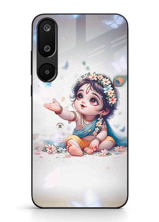 Playful Baby Krishna with butterflies Samsung F16 5G glass cover cute divine theme