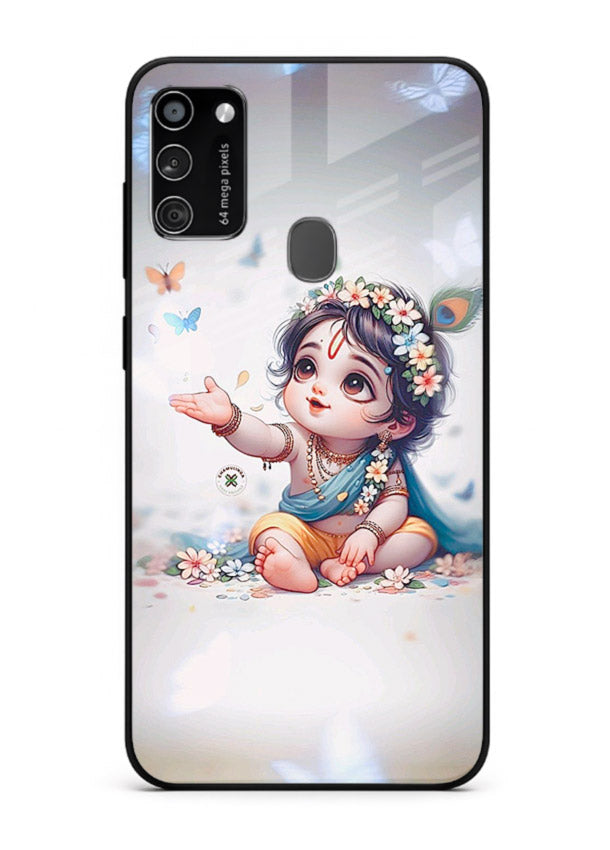 Playful Baby Krishna with butterflies Samsung M30s glass cover cute divine theme