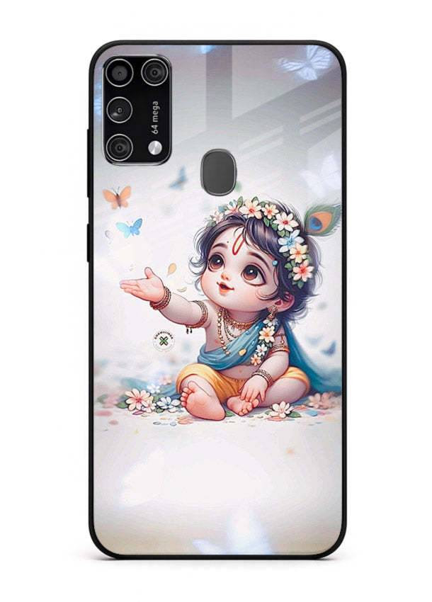 Playful Baby Krishna with butterflies Samsung M31 Prime glass cover cute divine theme