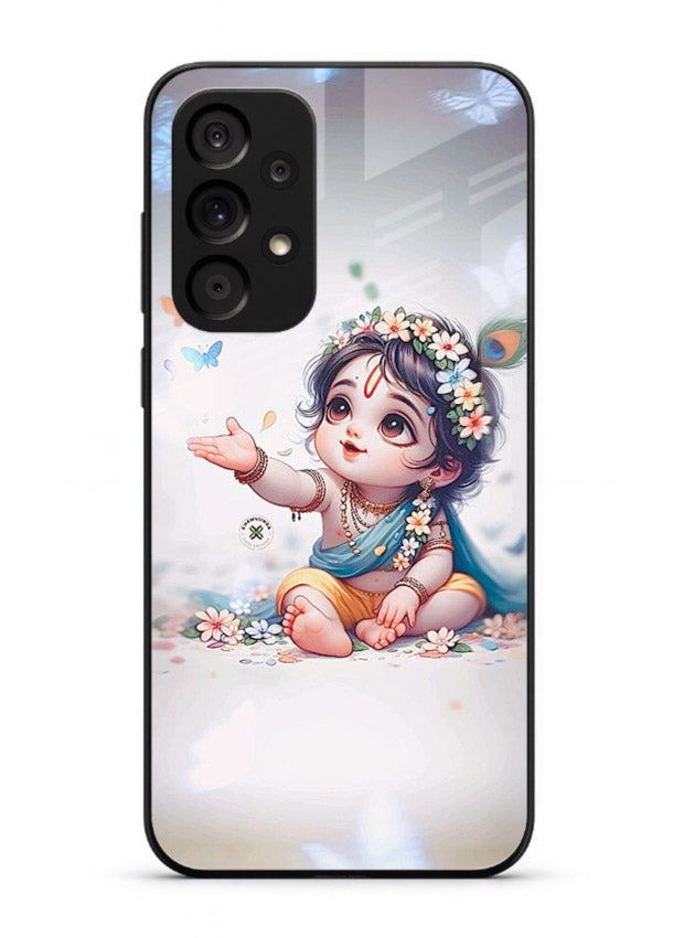 Playful Baby Krishna with butterflies Samsung M32 5G glass cover cute divine theme