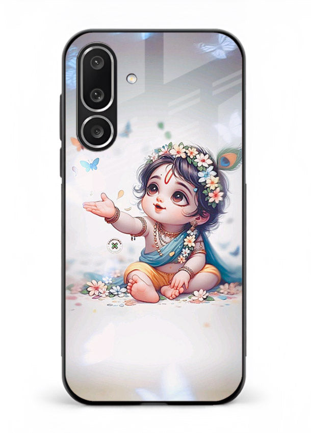 Playful Baby Krishna with butterflies Samsung F56 5G glass cover cute divine theme