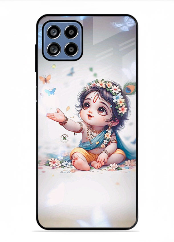 Playful Baby Krishna with butterflies Samsung A22 4G glass cover cute divine theme