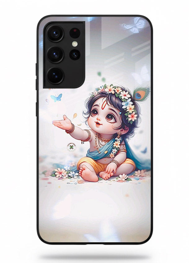 Playful Baby Krishna with butterflies Samsung S21 Ultra glass cover cute divine theme