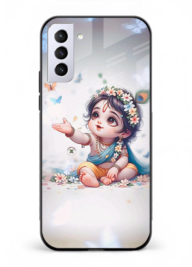 Playful Baby Krishna with butterflies Samsung S21 Plus glass cover cute divine theme