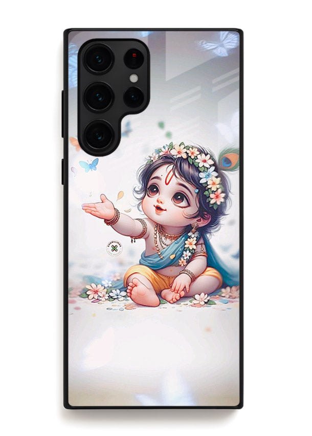 Playful Baby Krishna with butterflies Samsung S23 Ultra glass cover cute divine theme