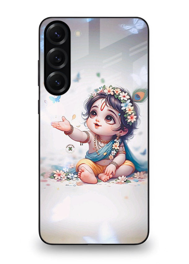 Playful Baby Krishna with butterflies Samsung S23 Plus glass cover cute divine theme