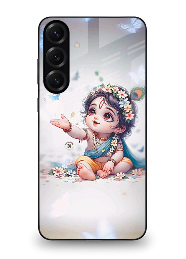 Playful Baby Krishna with butterflies Samsung A54 5G glass cover cute divine theme