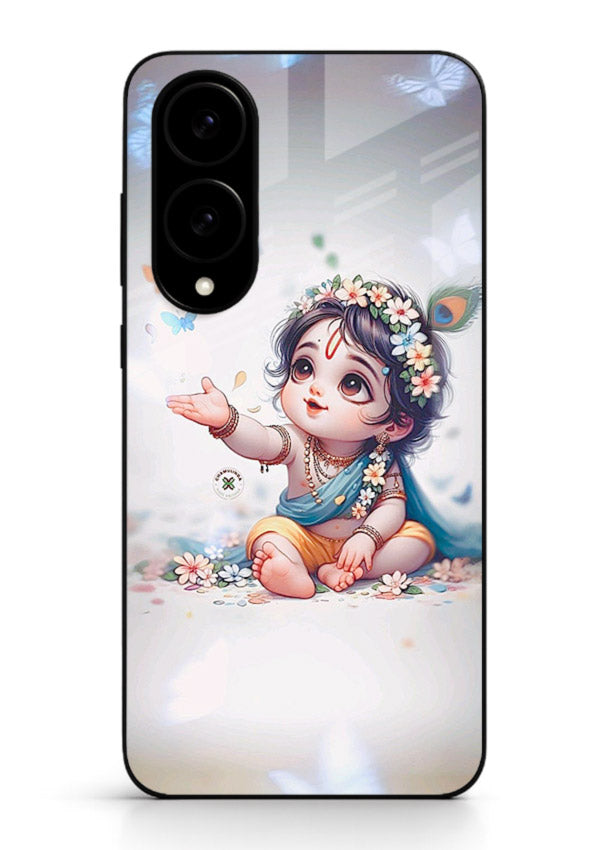 Playful Baby Krishna with butterflies Samsung S25 Edge glass cover cute divine theme