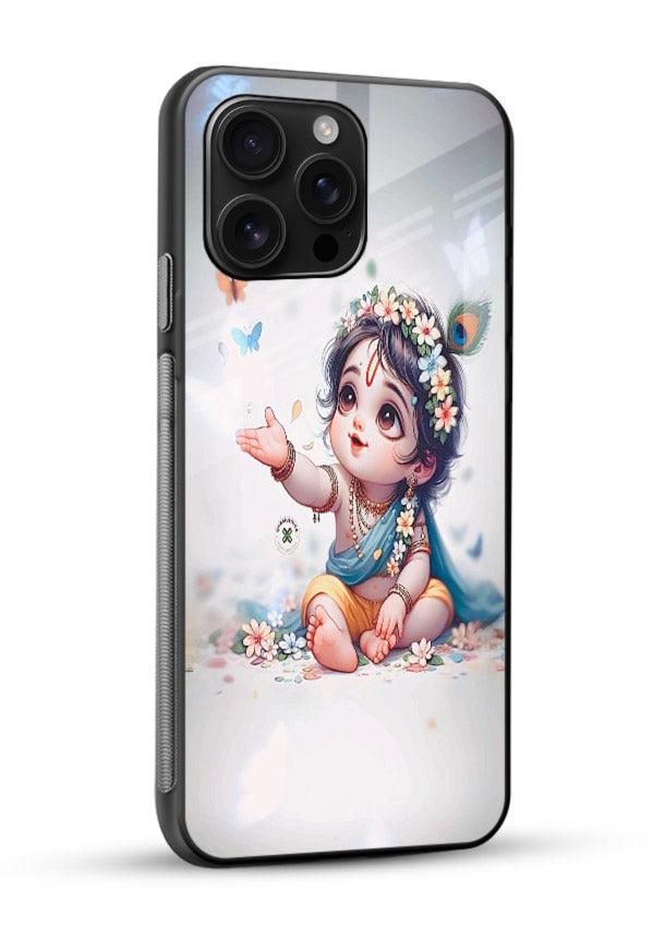Playful Baby Krishna with butterflies glossy vibrant premium glass cover cute divine theme - Angle Side