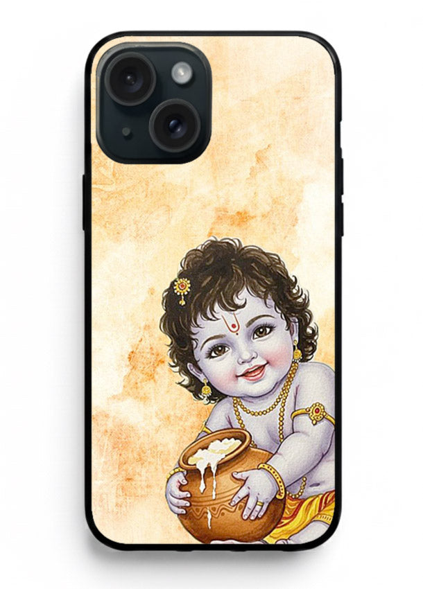 Makhan chor Baby Krishna pot art iphone 14 glass back religious cover