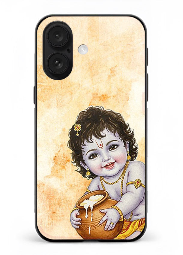 Makhan chor Baby Krishna pot art iphone 16 plus glass back religious cover