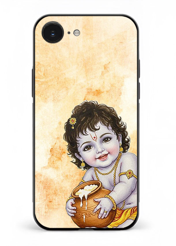 Makhan chor Baby Krishna pot art iphone 16e glass back religious cover