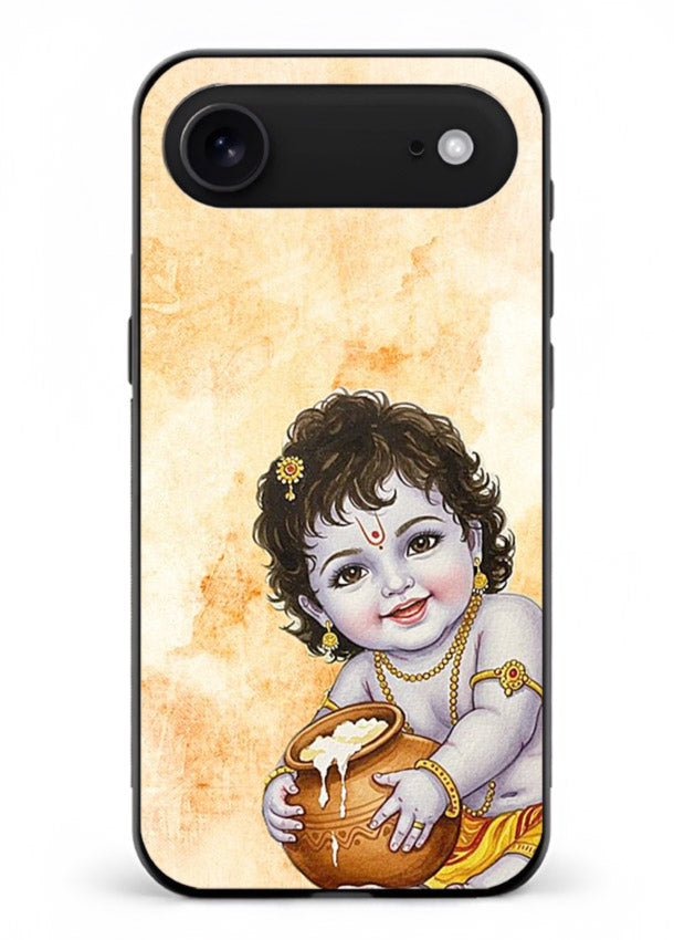 Makhan chor Baby Krishna pot art iphone 17 air glass back religious cover