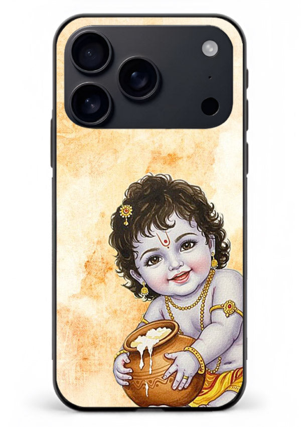 Makhan chor Baby Krishna pot art iphone 17 pro max glass back religious cover