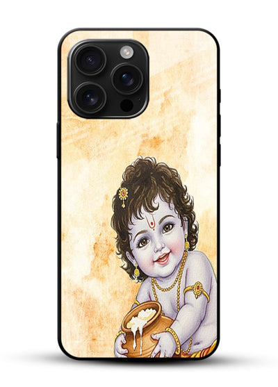 Makhan chor Baby Krishna pot art glossy vibrant premium glass back religious cover - Angle Front