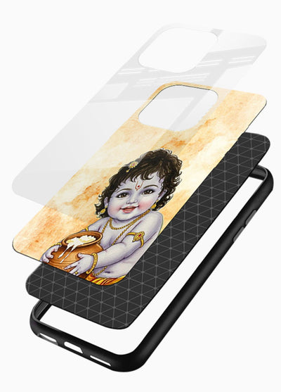 Makhan chor Baby Krishna pot art glossy vibrant premium glass back religious cover - Angle Layers