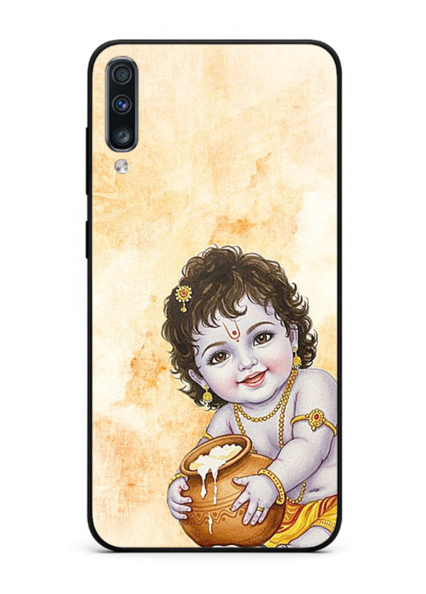 Makhan chor Baby Krishna pot art Samsung A50 glass back religious cover