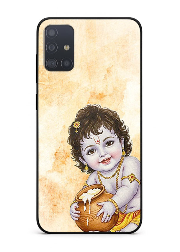 Makhan chor Baby Krishna pot art Samsung A71 glass back religious cover
