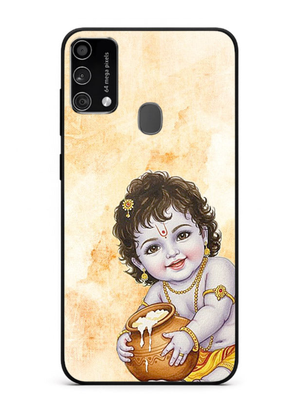 Makhan chor Baby Krishna pot art Samsung F41 glass back religious cover