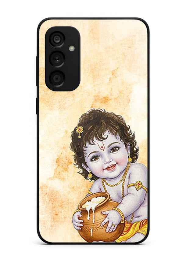 Makhan chor Baby Krishna pot art Samsung F55 5G glass back religious cover