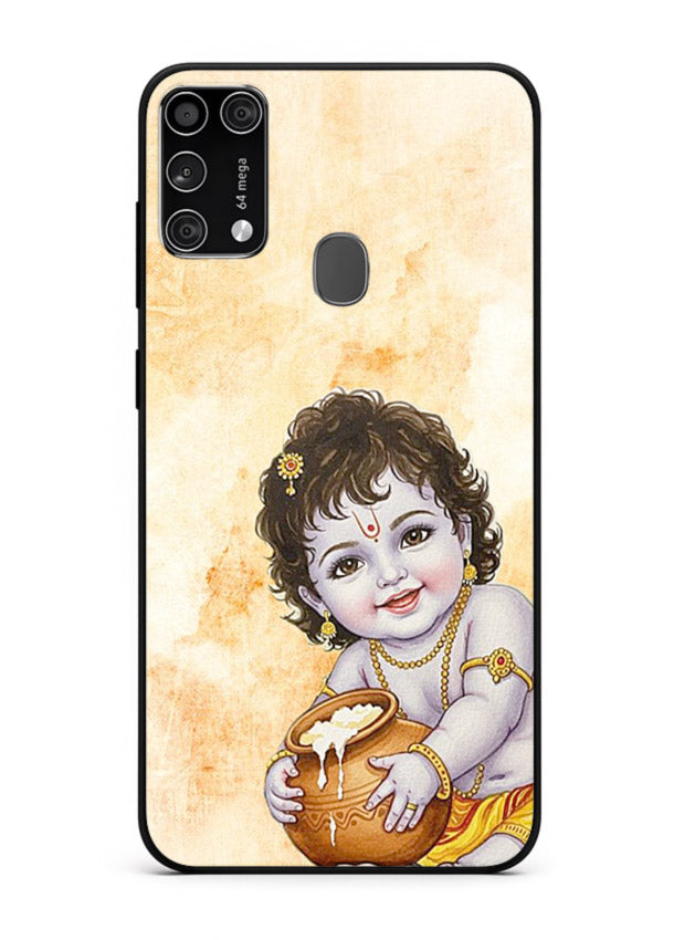 Makhan chor Baby Krishna pot art Samsung M31 Prime glass back religious cover