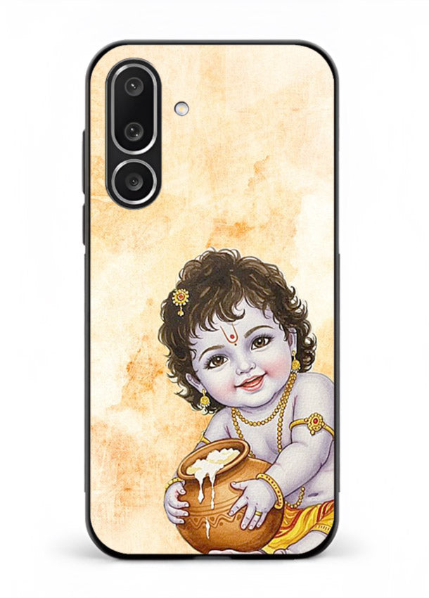 Makhan chor Baby Krishna pot art Samsung M36 5G glass back religious cover
