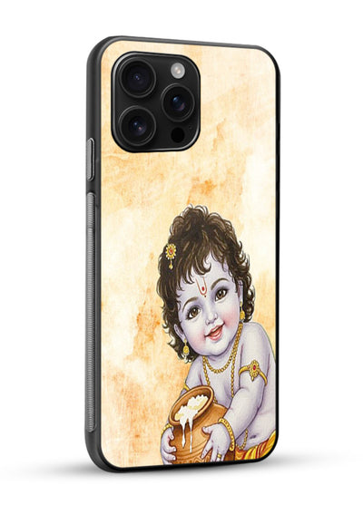 Makhan chor Baby Krishna pot art glossy vibrant premium glass back religious cover - Angle Side