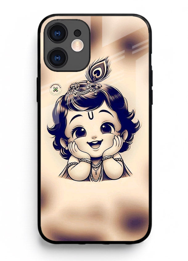 Minimal Baby Krishna sketch iphone 12 mini glass back elegant devotional case