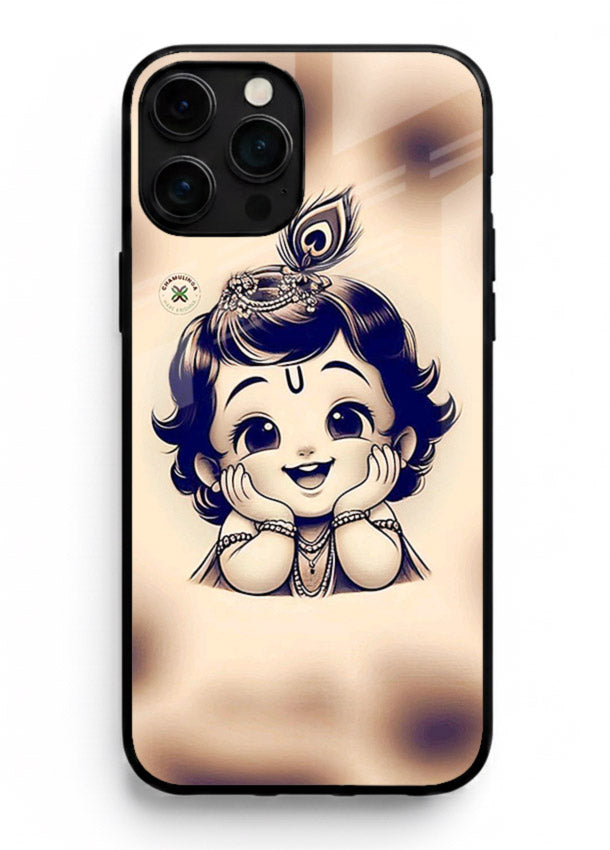Minimal Baby Krishna sketch iphone 16 pro max glass back elegant devotional case
