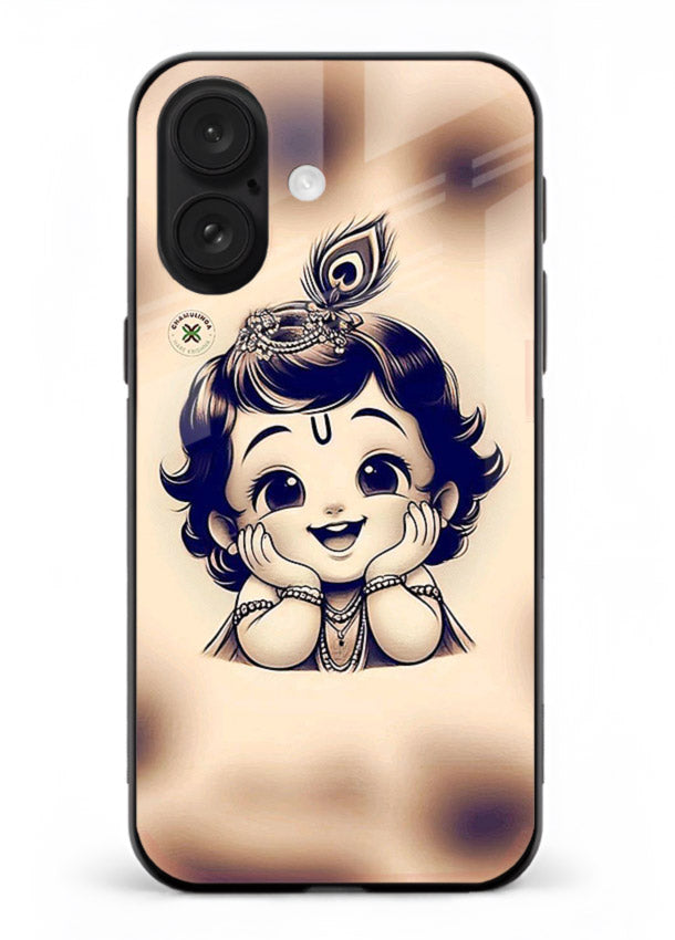 Minimal Baby Krishna sketch iphone 16 plus glass back elegant devotional case