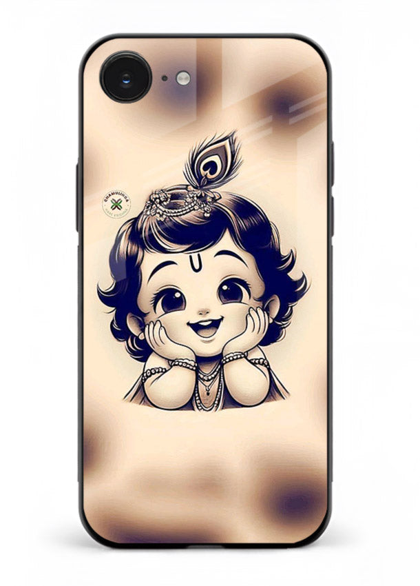Minimal Baby Krishna sketch iphone 16e glass back elegant devotional case