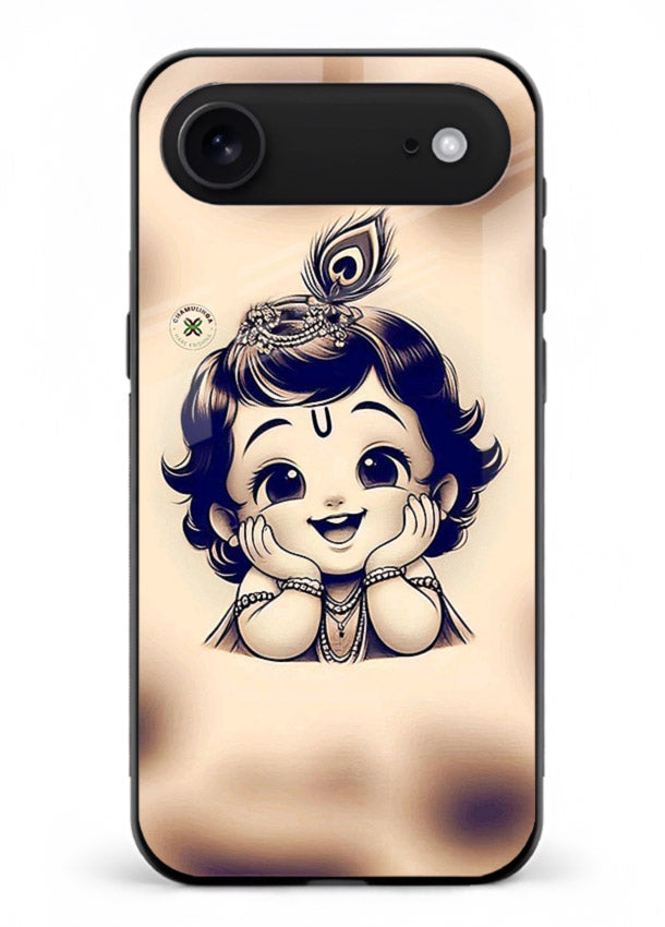 Minimal Baby Krishna sketch iphone 18 air glass back elegant devotional case