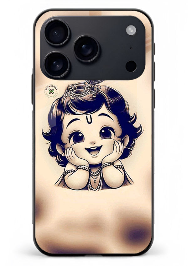 Minimal Baby Krishna sketch iphone 18 pro max glass back elegant devotional case